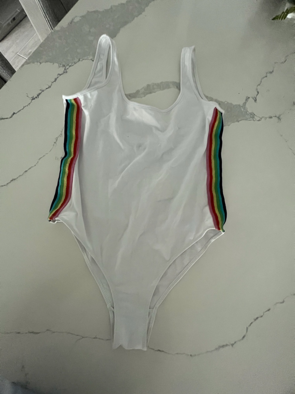 White Tank Bodysuit with Rainbow Side Stripes
